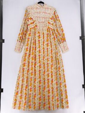 Vtg 70s ILGWU Union Made Prairie Maxi Dress Lace Calico Floral Yellow Boho sz M